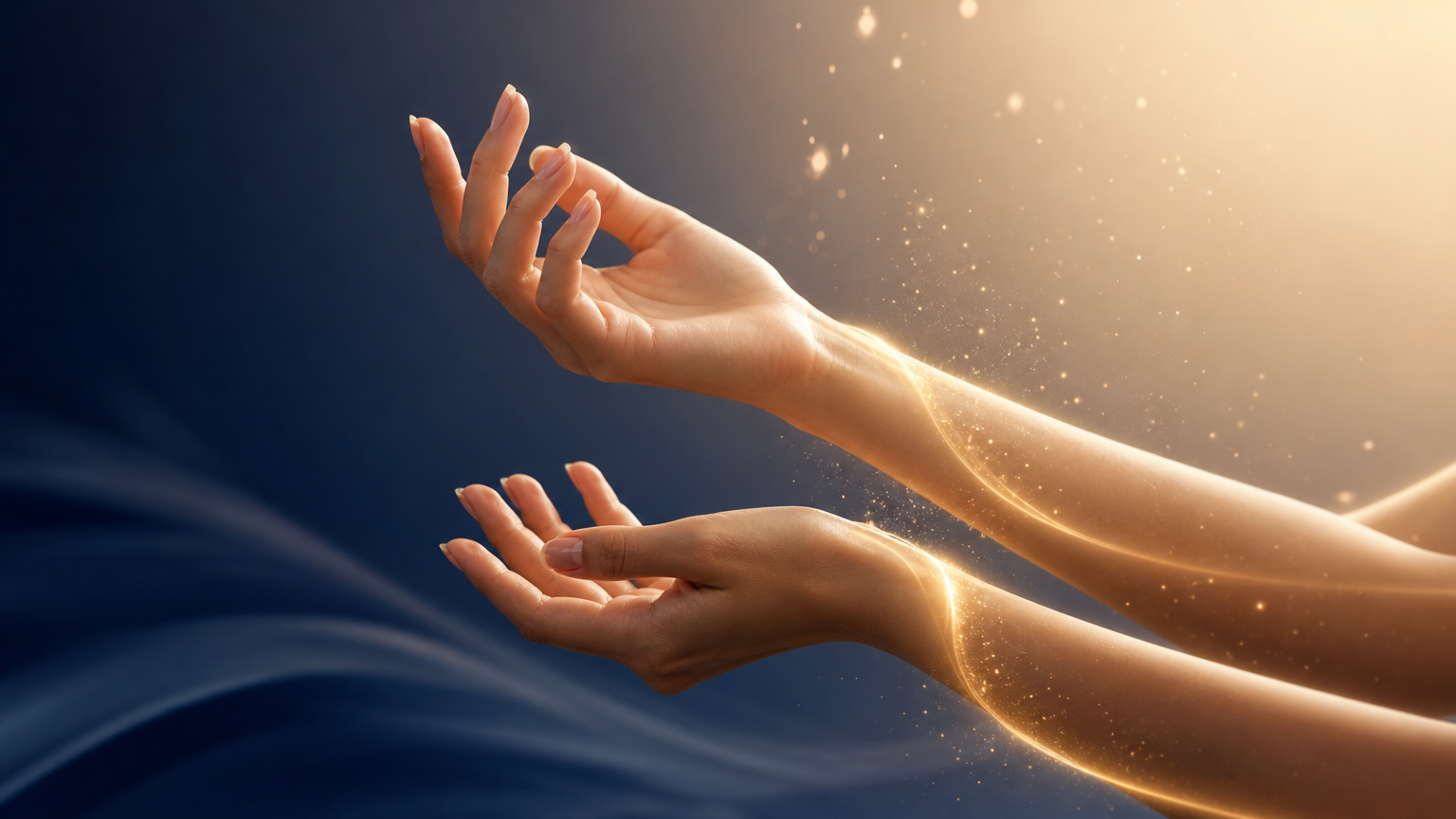 Mãos em gesto sereno com luz dourada — imagem editorial do Combo Mindset Movimente-se.