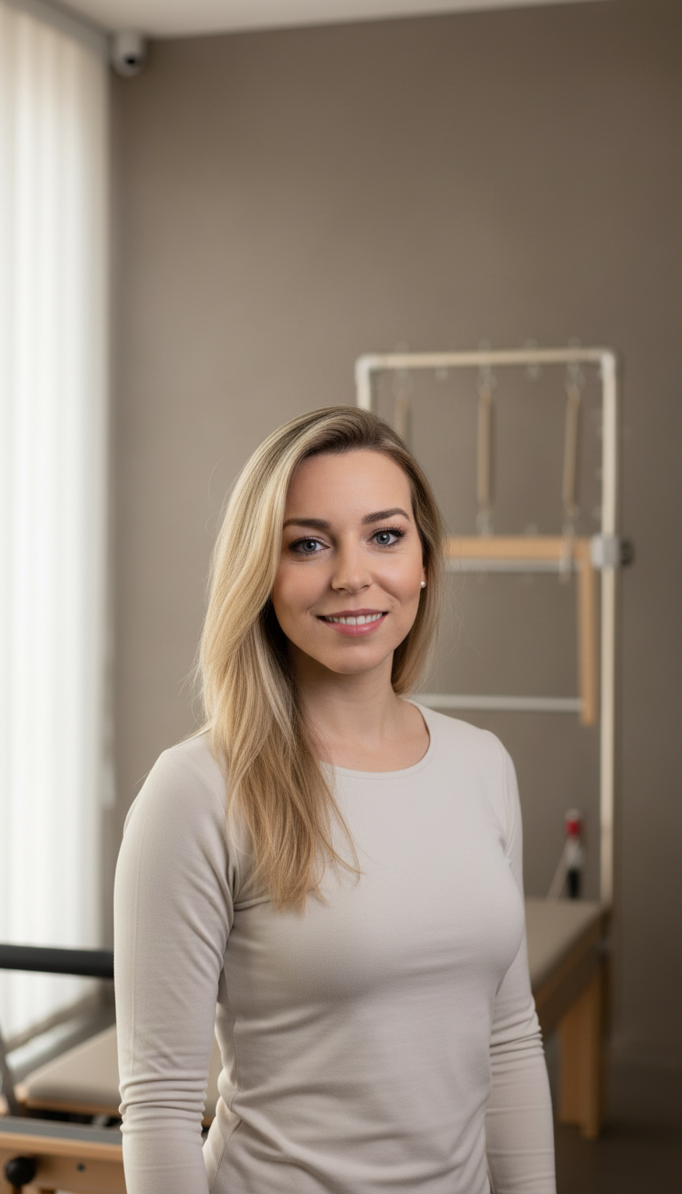 Retrato de Evelyn Maira, especialista do movimento e em Pilates, em ambiente de estúdio.